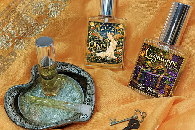 Private edition custom perfumes available for a limited time. Bottles are laying on orange fabric with keys.