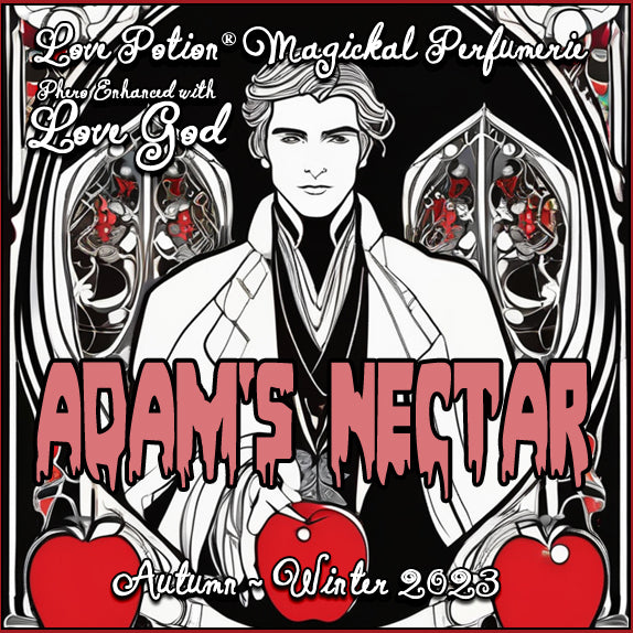 Adam's Nectar with Love God pheromone cologne for men smells of smoky apple. Label shows a handsome man with apples.
