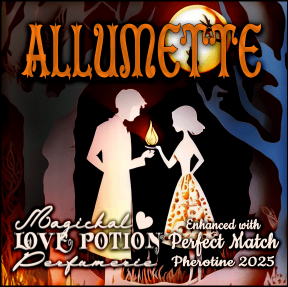 Allumette with Perfect Match pheromone perfume features smoky, spicy vanilla. Label shows a couple with fire in woods.
