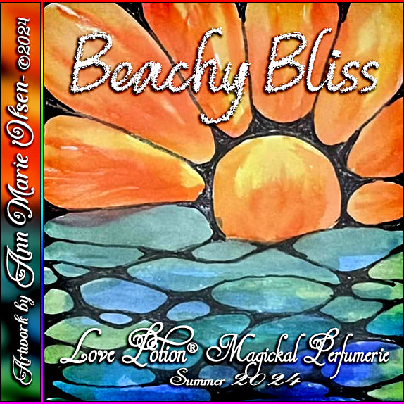Beachy Bliss clean perfume combines juicy peach, mango, and pineapple. Label features a setting summer sun on the ocean.