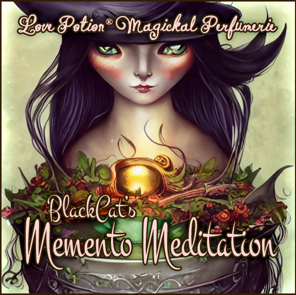 Black Cat's Memento Meditation custom perfume smells of a musky, fall forest. Label shows a witch at a cauldron.