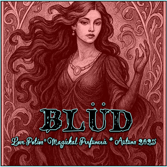 Blud clean perfume is a sexy blend of resins and fruits. The label features an alluring woman in red with long flowing hair.