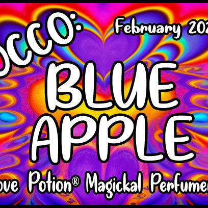 OCCO Blue Apple has copulin pheromones and an apple berry fragrance. Label features purple and red tie-dye art.