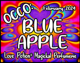 OCCO Blue Apple has copulin pheromones and an apple berry fragrance. Label features purple and red tie-dye art.