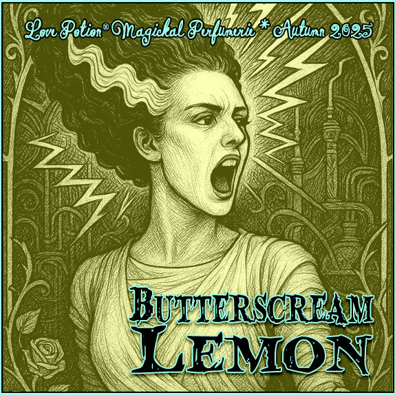 Butterscream Lemon perfume smells of frosted lemon cake. The bride of Frankenstein’s Monster is shown screaming on the label.