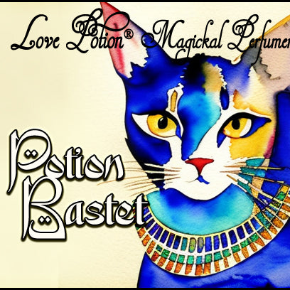 Potion Bastet with Aja pheromone perfume melds together various sacred spices and honey. Label shows a watercolor cat.
