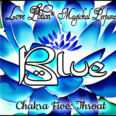 Blue Throat Chakra Potion perfume presents a cool, watery, tea-like floral fragrance. Label features a blue water lily.
