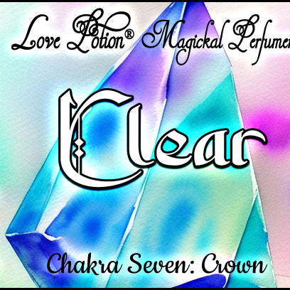 Clear Crown Chakra Potion perfume is an airy, herbal floral fragrance. Label shows a watercolor clear quartz.
