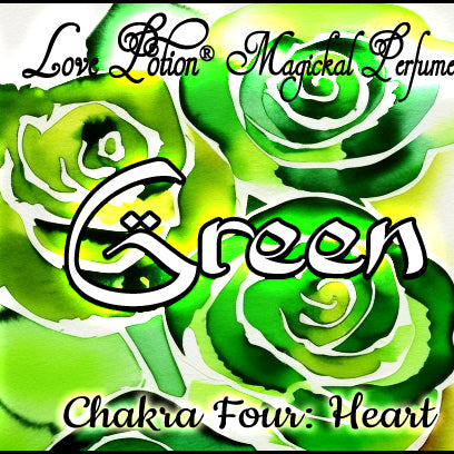 Green Heart Chakra Potion perfume smells like fresh baby rose buds. Label features green watercolor roses.