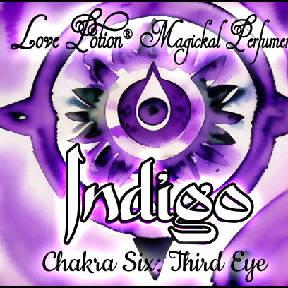 Indigo Third Eye Chakra Potion perfume offers a stimulating minty, lavender scent. Label shows a purple mandala.
