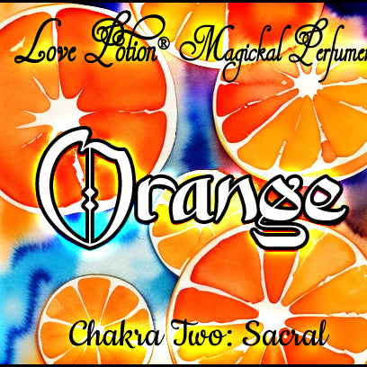 Orange Sacral Chakra Potion perfume offers a warm, woodsy, citrus fragrance. Label shows watercolor orange slices.