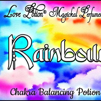Rainbow Chakra Balancing Potion perfume smells like a citrus, resinous floral. Label shows rainbow clouds.