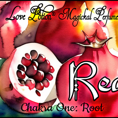 Red Root Chakra Potion perfume smells like ripe red fruit with earthy spices. Label shows watercolor pomegranates.