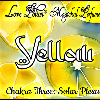 Yellow Solar Plexus Potion perfume adds banana and wood scent to a bright citrus. Label shows watercolor lemons.