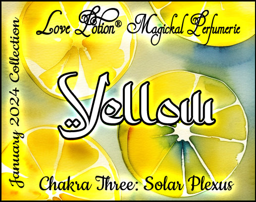 Yellow Solar Plexus Potion perfume adds banana and wood scent to a bright citrus. Label shows watercolor lemons.