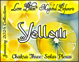 Yellow Solar Plexus Potion perfume adds banana and wood scent to a bright citrus. Label shows watercolor lemons.
