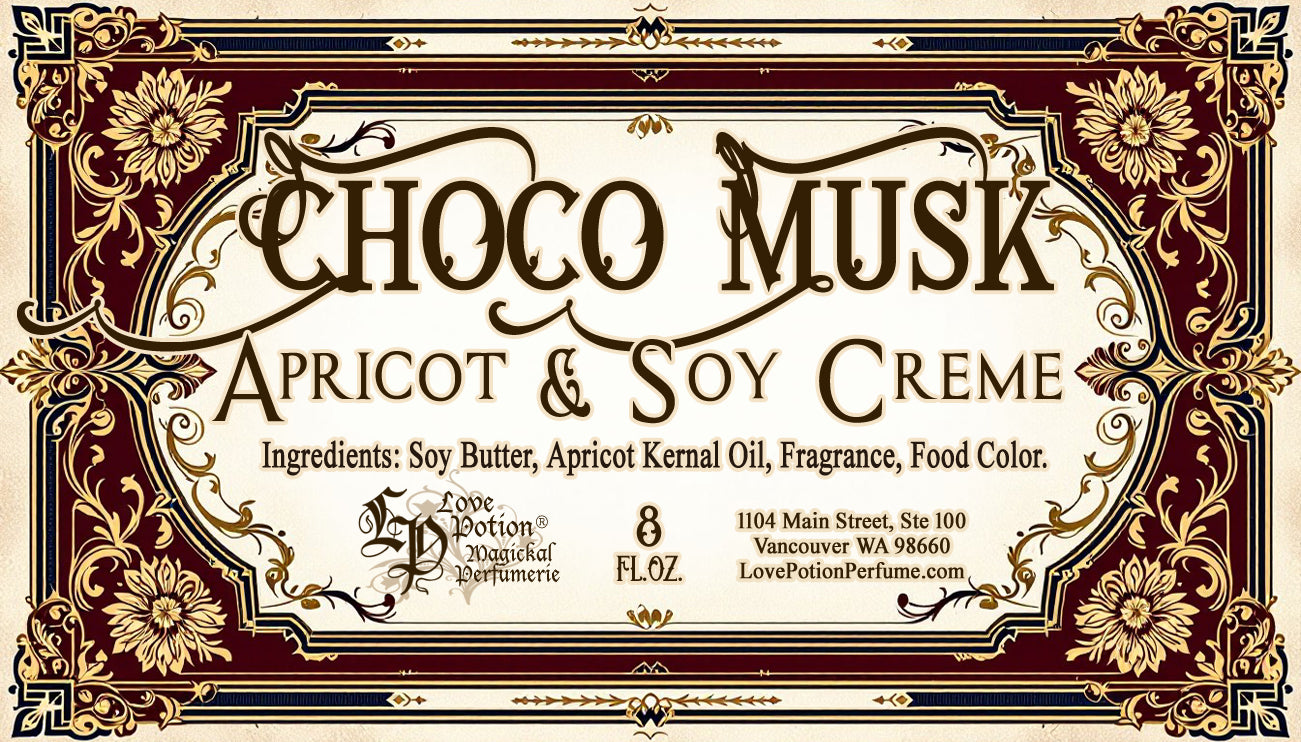Label for our apricot and soy creme. This body cream is scented like chocolate and musk. The label art features golden flowers around a burgundy frame.