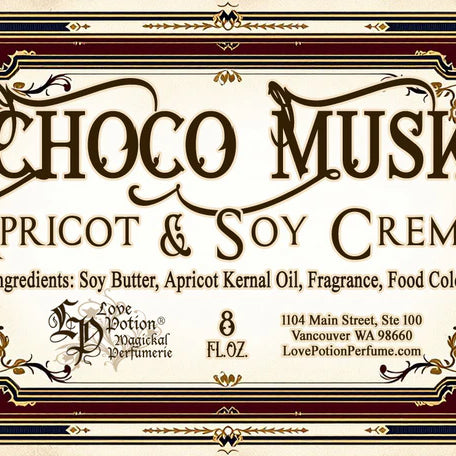Decorative label for 'Choco Musk Apricot & Soy Creme' with elegant flower border design and text.