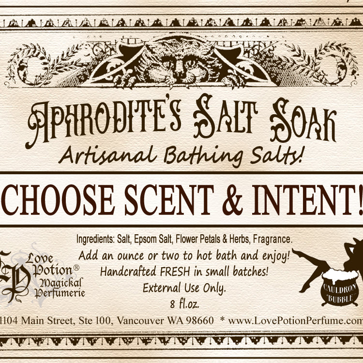 Label sample for custom-made artisanal bathing salts by Love Potion