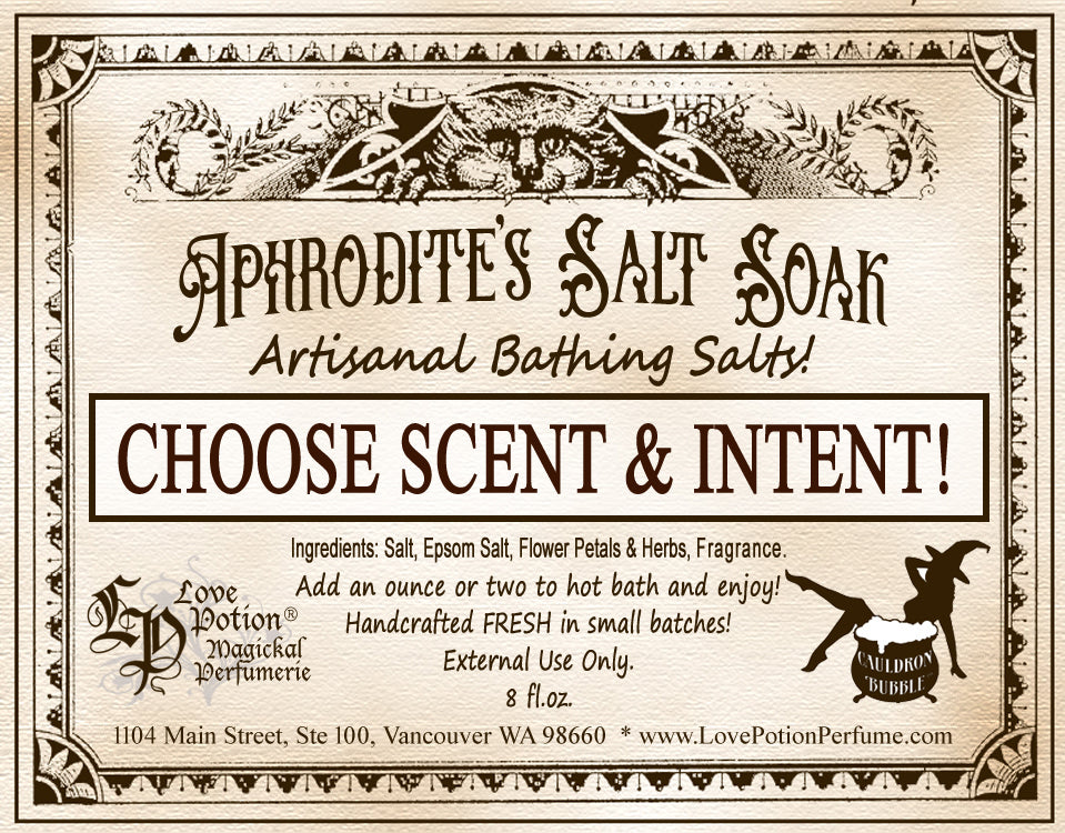Label sample for custom-made artisanal bathing salts by Love Potion