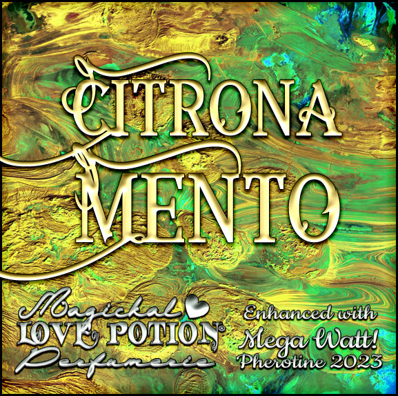 Citrona Mento with Mega Watt green lemon unisex pheromone perfume for everyone. Label shows yellow and green tie-dye.