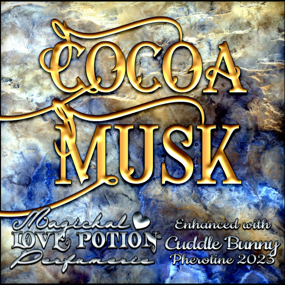 Label for Cocoa Musk perfume enhanced with Cuddle Bunny Pheromone blend, featuring stylized text on white and blue marble.