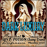 Dark Luxury with Classy Dame pheromone perfume focuses on tuberose and fig over dark resins. Label shows a young woman.