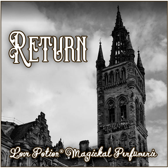 Our Return perfume is meant to smell like earthy, lush memories of Scotland. The label shows a Scottish church bell tower.