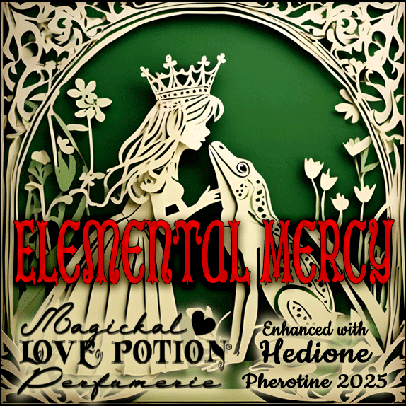 Elemental Mercy with Hedione pheromone perfume smells like forests in the PNW. Label shows a princess kissing a frog.