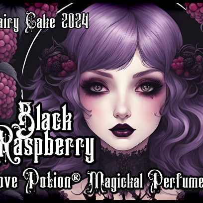 Love Potion black raspberry cake perfume for fairies. Label features a goth girl with raspberries in her hair.
