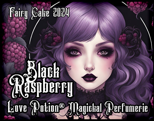 Love Potion black raspberry cake perfume for fairies. Label features a goth girl with raspberries in her hair.