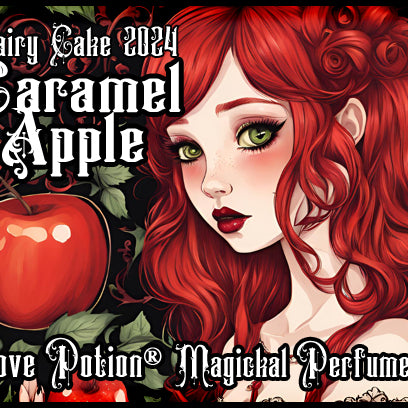 Love Potion caramel apple perfume for fairies. Label features a redhaired lady in an apple orchard.