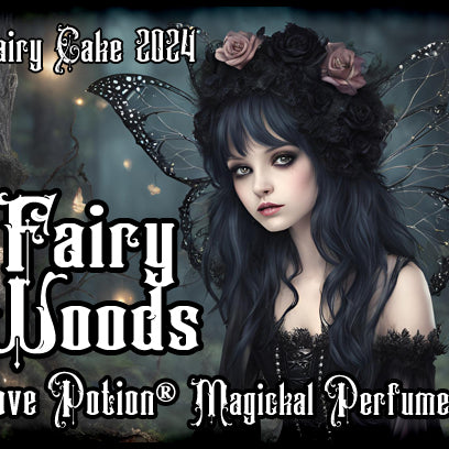 Love Potion fairy woods perfume for fairies. Label features a fairy with black wings and roses.