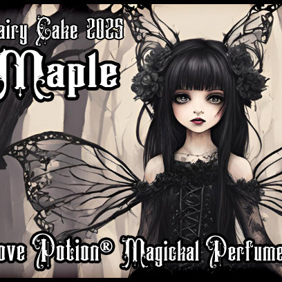Love potion maple perfume for fairies. Smells like a vanilla cupcake topped with maple syrup and maple sugar candy. The label shows a gothic fairy in the woods.