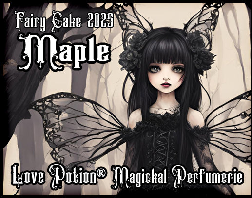 Love potion maple perfume for fairies. Smells like a vanilla cupcake topped with maple syrup and maple sugar candy. The label shows a gothic fairy in the woods.