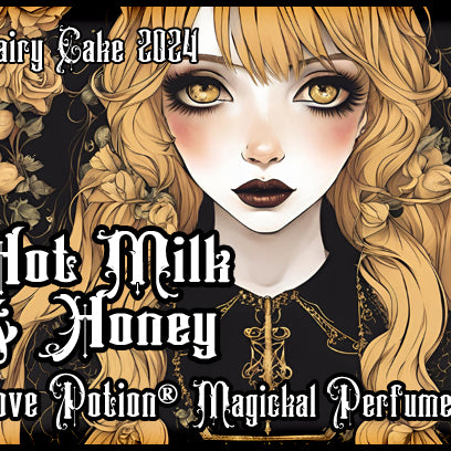 Love Potion hot milk and honey cake perfume for fairies. Label features a blonde lady with yellow roses.