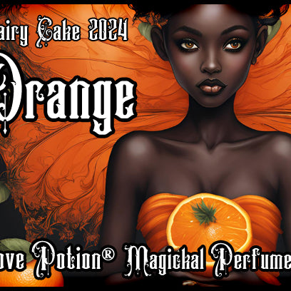Love Potion orange cake perfume for fairies. Label features a fairy with orange wings holding an orange.