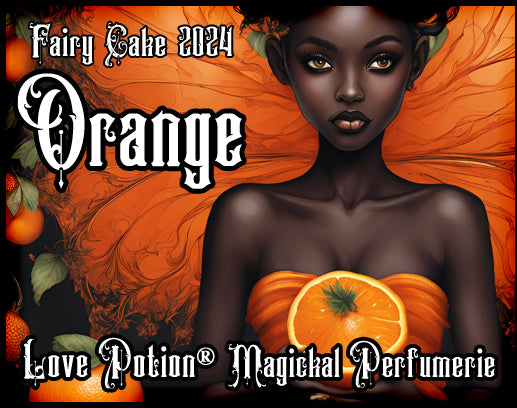 Love Potion orange cake perfume for fairies. Label features a fairy with orange wings holding an orange.