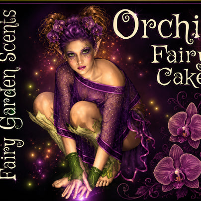Label for our Orchid Fairy Cake perfume, featuring a gourmand orchid scent. The label art shows a purple fairy crouching with orchids and fireflies.