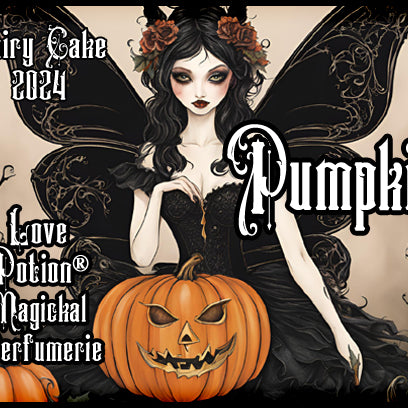 Love Potion pumpkin cake perfume for fairies. Label features a fairy with black wings and a pumpkin.