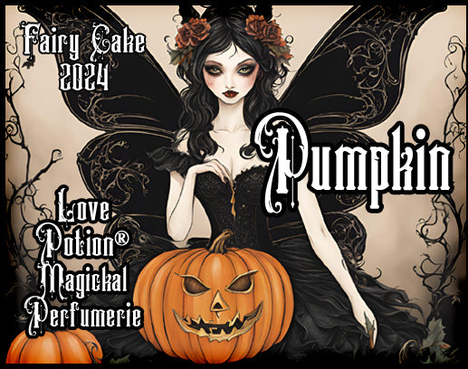 Love Potion pumpkin cake perfume for fairies. Label features a fairy with black wings and a pumpkin.