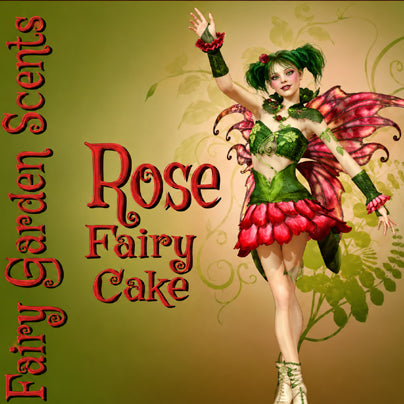 Label art for our Rose Fairy Cake perfume featuring a gourmand rose scent. The label shows a green and pink fairy waving.