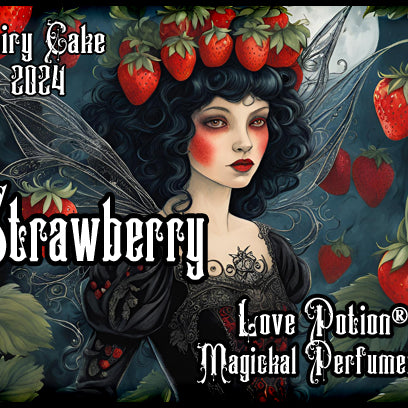 Love Potion strawberry cake perfume for fairies. Label features a fairy with a strawberry crown.