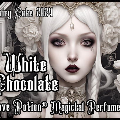 Love Potion white chocolate cake perfume for fairies. Label features a lady with white flowers and a crown.