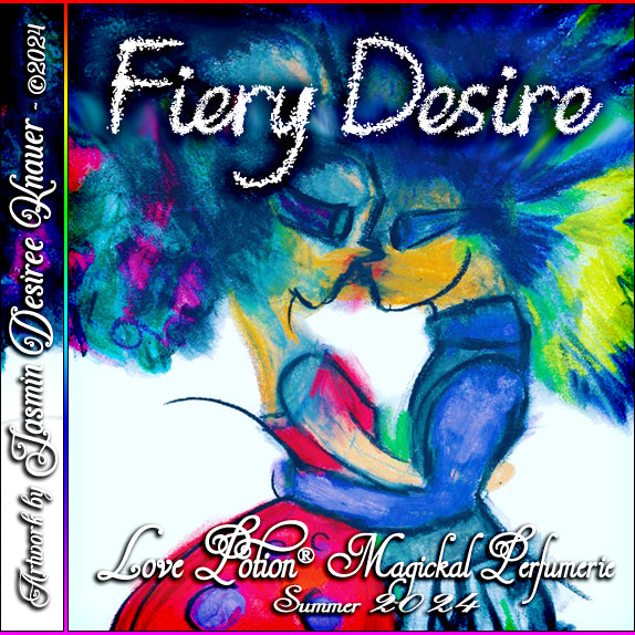 Fiery Desire unisex summer fragrance focuses on coconut and ginger grass. The label art features two characters kissing.