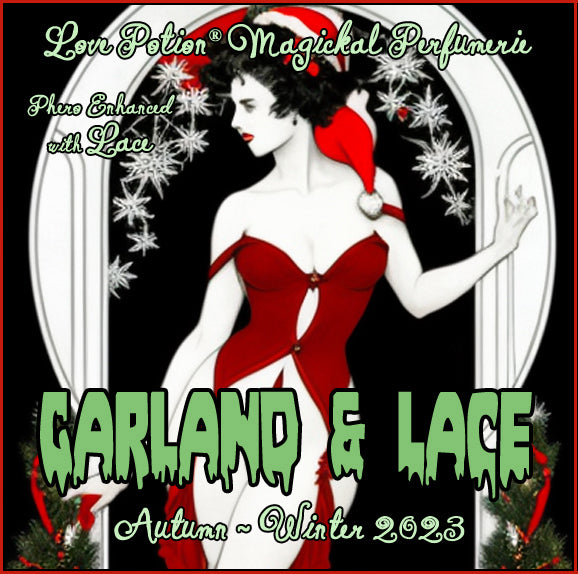 Garland and Lace pheromone perfume for women smells of holiday deserts. Label shows a woman with snowflakes and garlands.