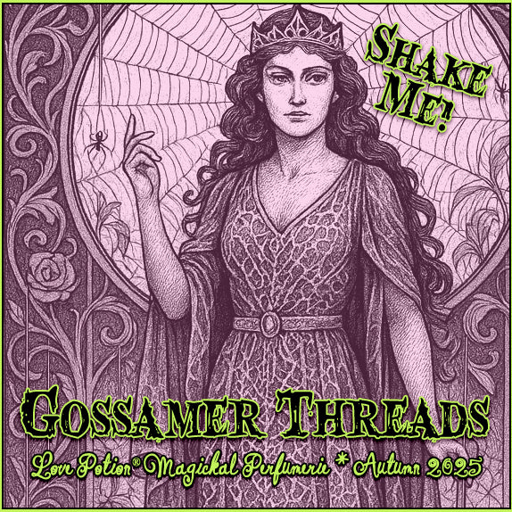Label for Gossamer Threads powdery, sweet, musky perfume, featuring a woman surrounded by spider webs and roses.