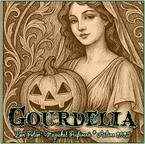 Label for Gourdelia perfume, which smells like pumpkin clove cookies, featuring a woman holding a jack-o-lantern.