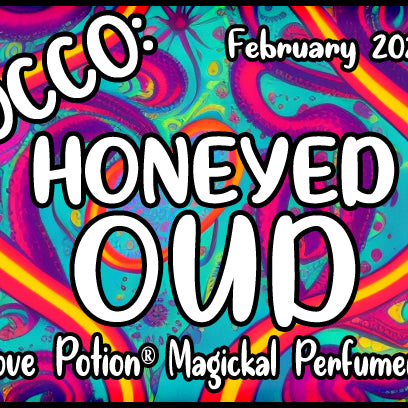 OCCO Honeyed Oud has copulin pheromones and a seductive, resinous musk fragrance. Label features colorful swirls.