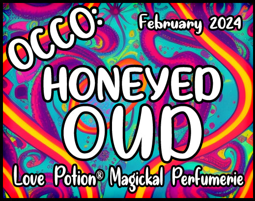 OCCO Honeyed Oud has copulin pheromones and a seductive, resinous musk fragrance. Label features colorful swirls.